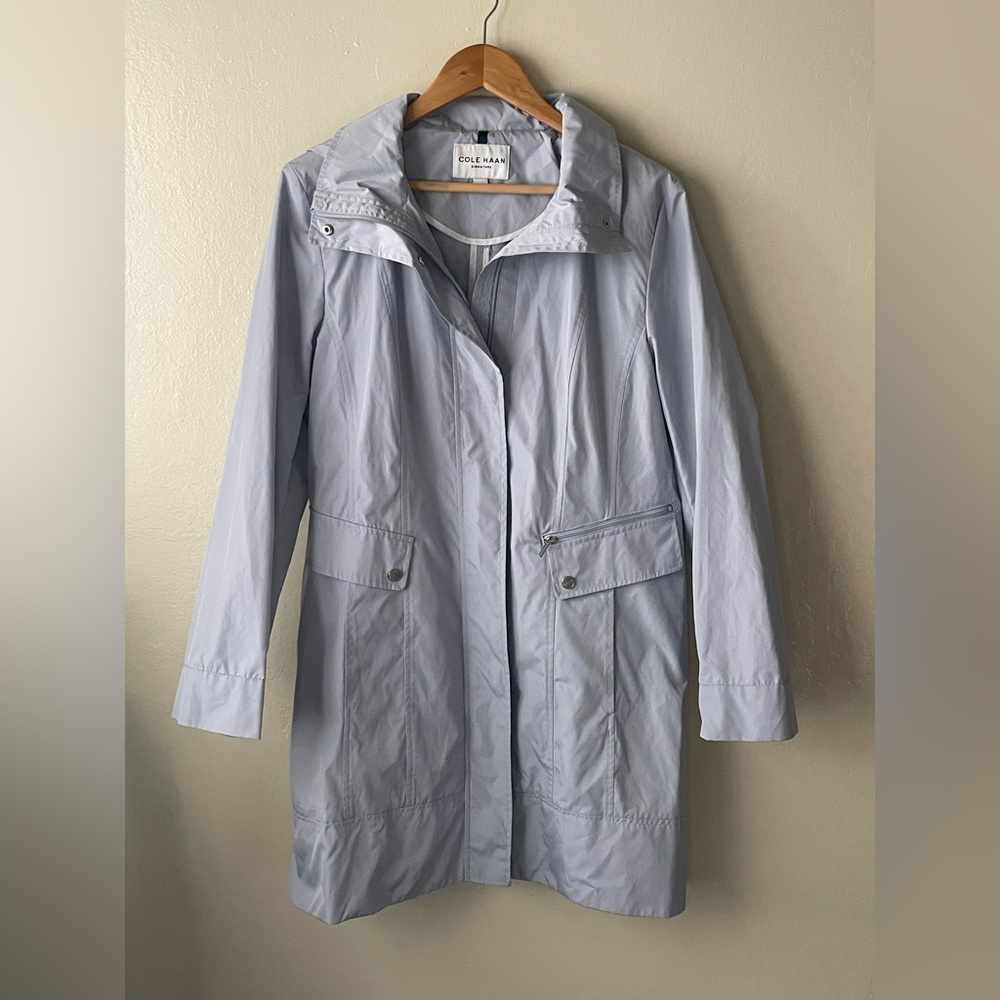 Cole Hann Signature woman’s light blue full zip hoodie rain jacket